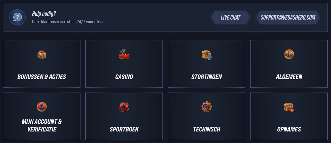 24/7 klantenservice en live chat ondersteuning bij Vegashero Casino